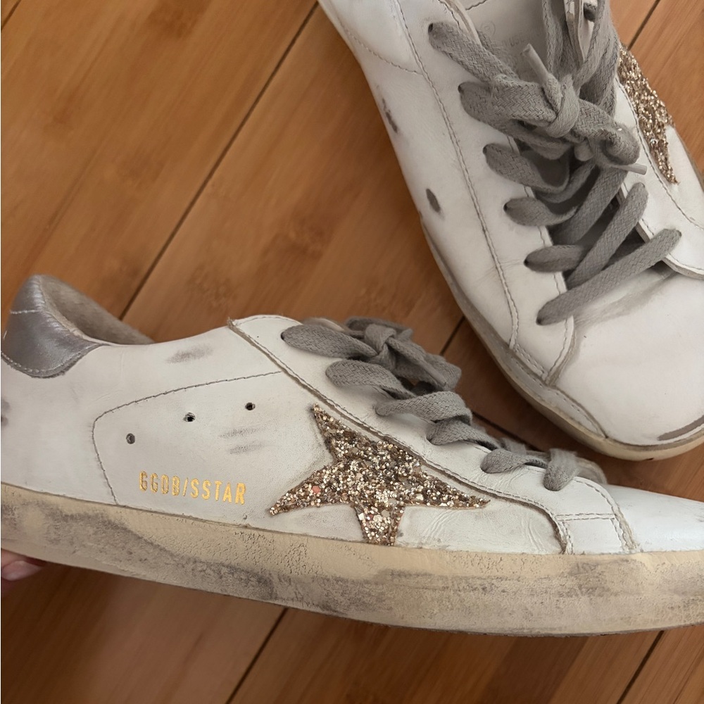 Golden Goose White Leather Super Star Sneakers Gold Glitter Silver LIKE NEW